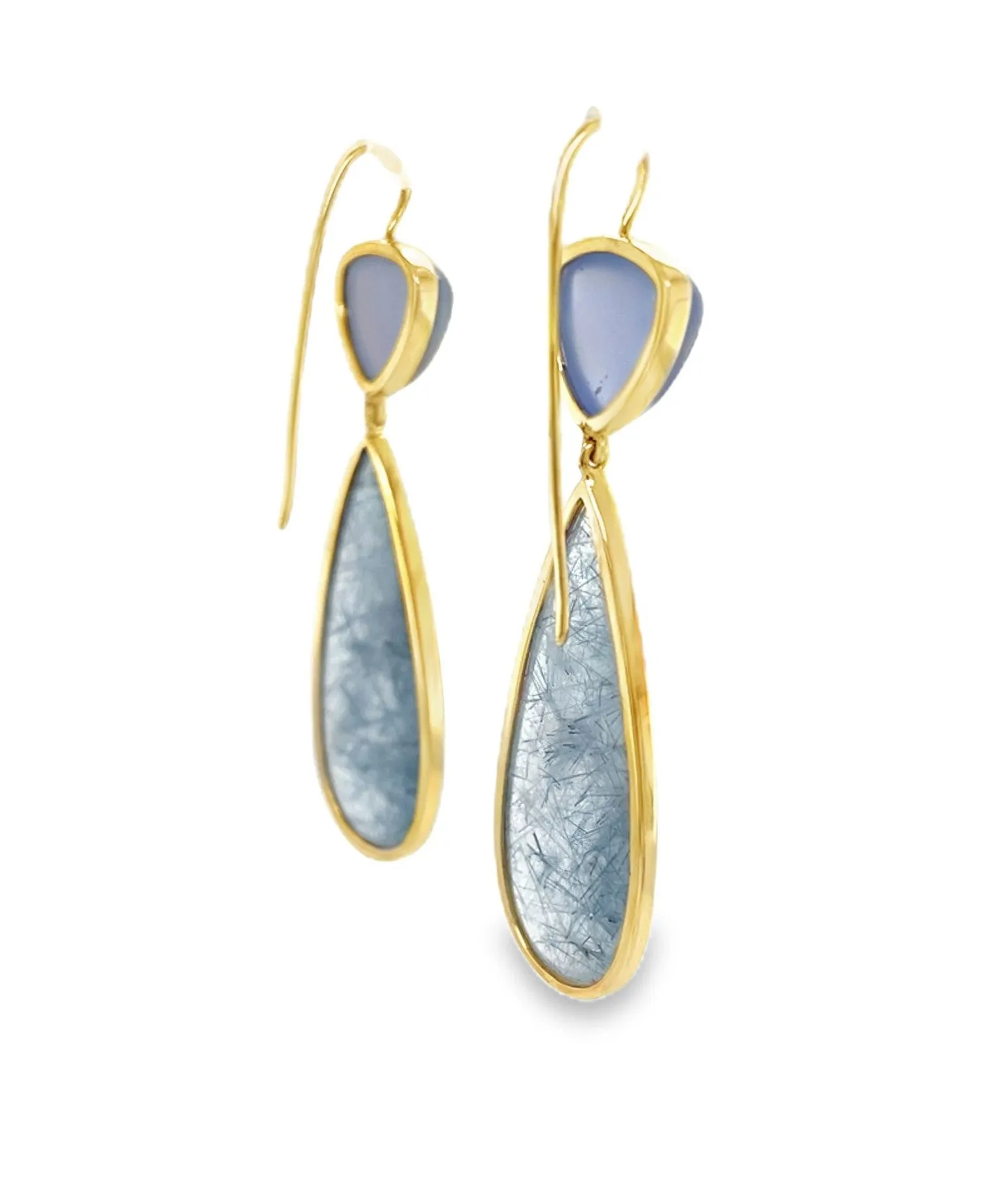 Actinolite and Chalcedony Dangle Earrings in Yellow Gold, 52.66 Carats Total