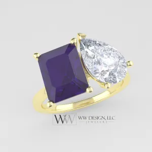 Amethyst & Moissanite 2 Stone Moi Et Toi Ring - 18k or 14k Gold (Y, W, R) or Platinum