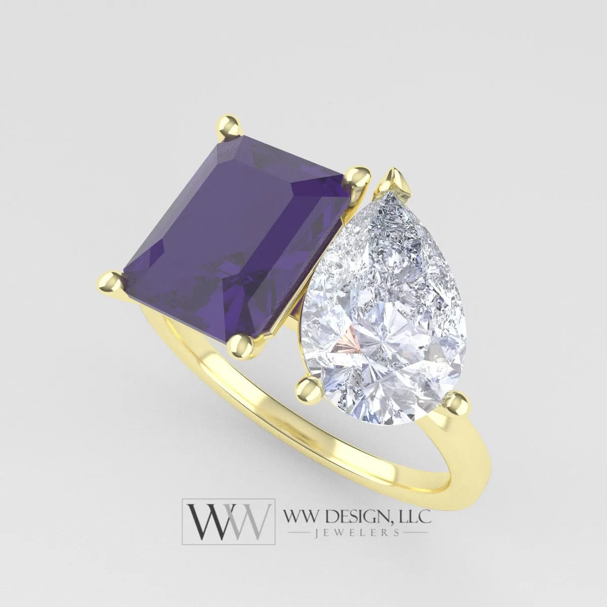 Amethyst & Moissanite 2 Stone Moi Et Toi Ring - 18k or 14k Gold (Y, W, R) or Platinum