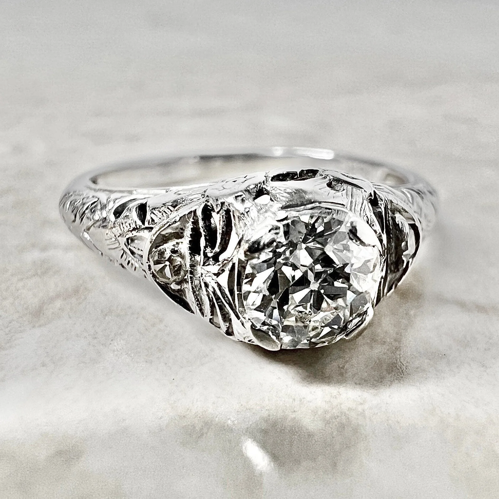 Antique Art Deco Handcrafted 18 Karat White Gold 0.50 Carat Old European Diamond Solitaire Engagement Ring