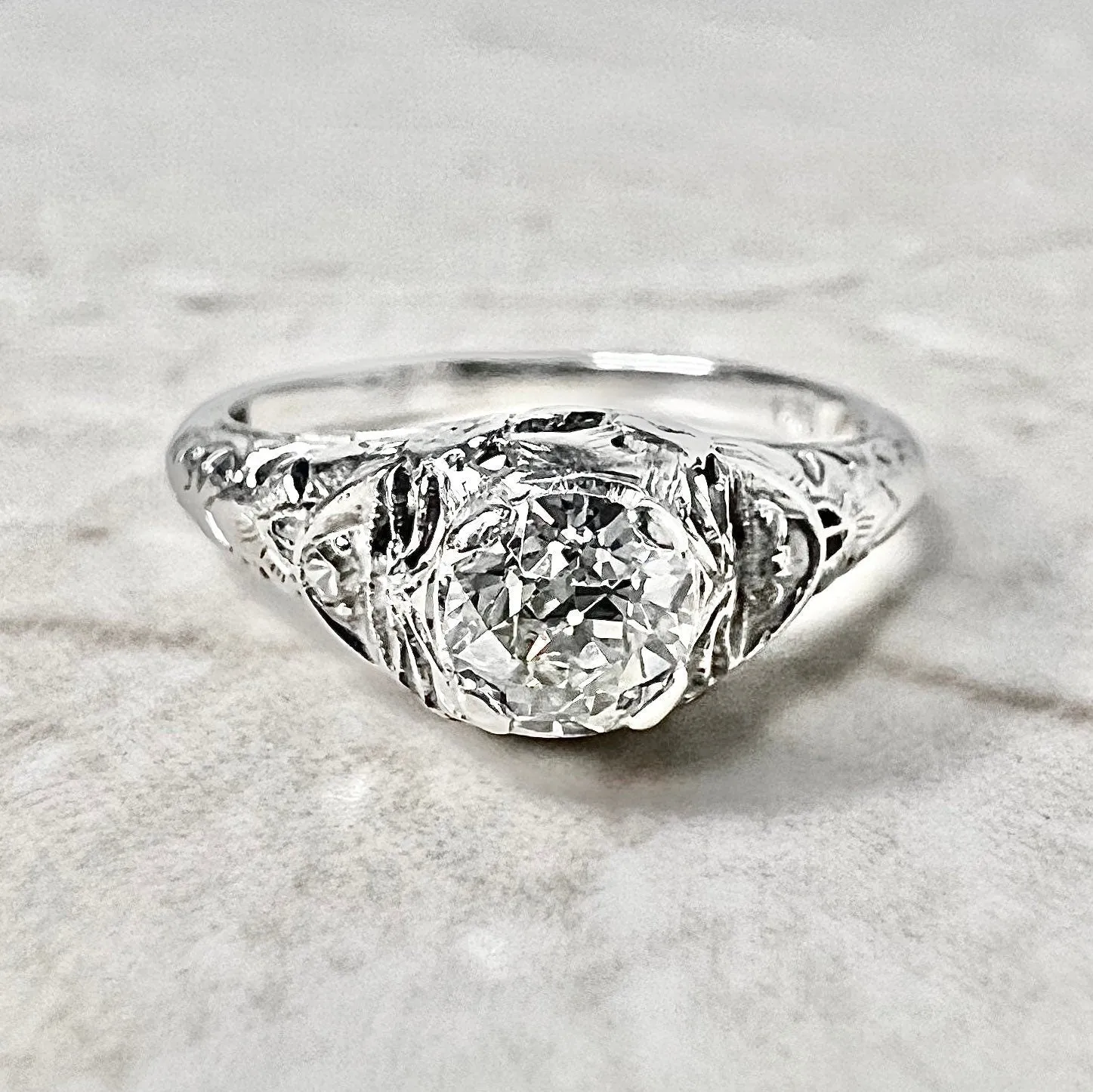 Antique Art Deco Handcrafted 18 Karat White Gold 0.50 Carat Old European Diamond Solitaire Engagement Ring
