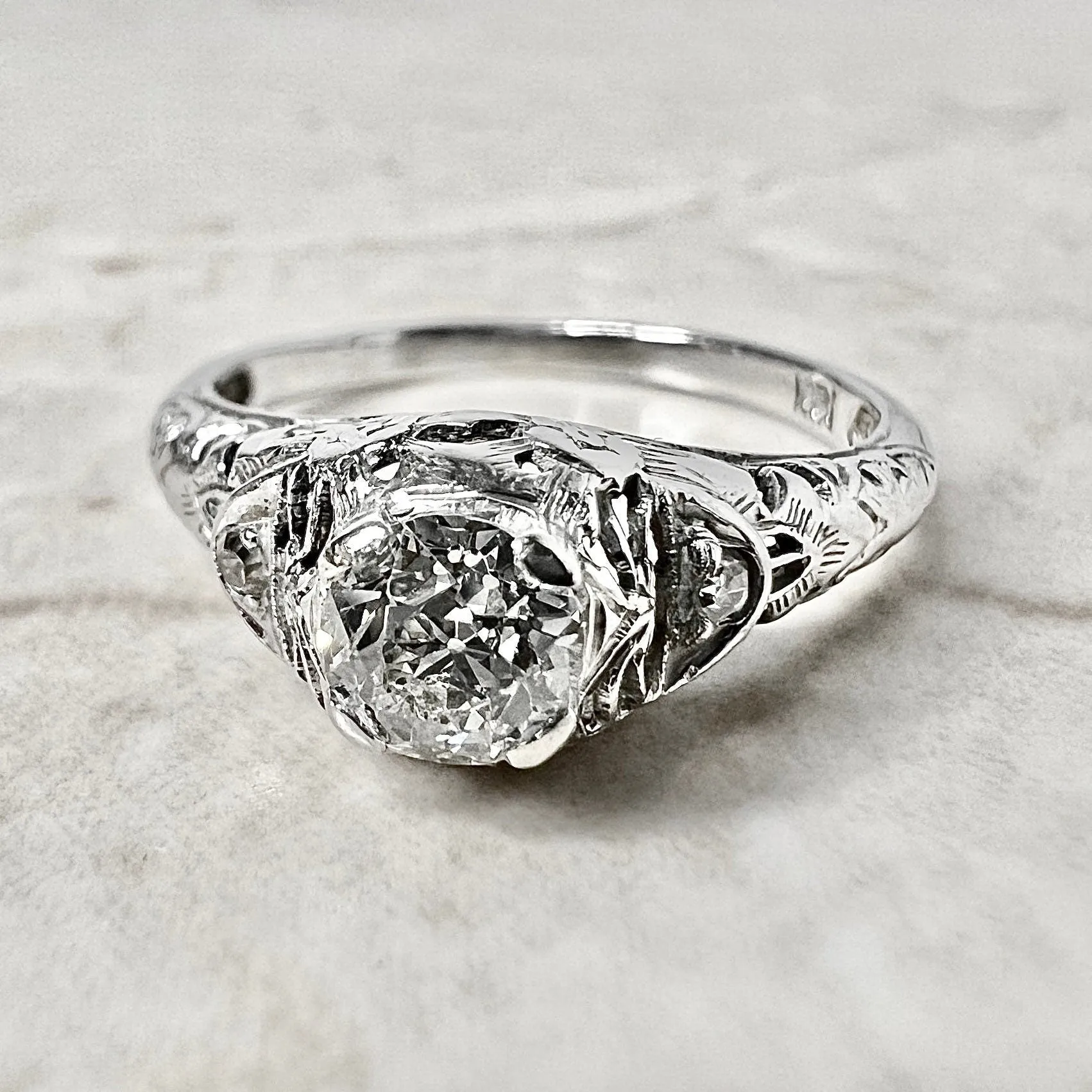 Antique Art Deco Handcrafted 18 Karat White Gold 0.50 Carat Old European Diamond Solitaire Engagement Ring