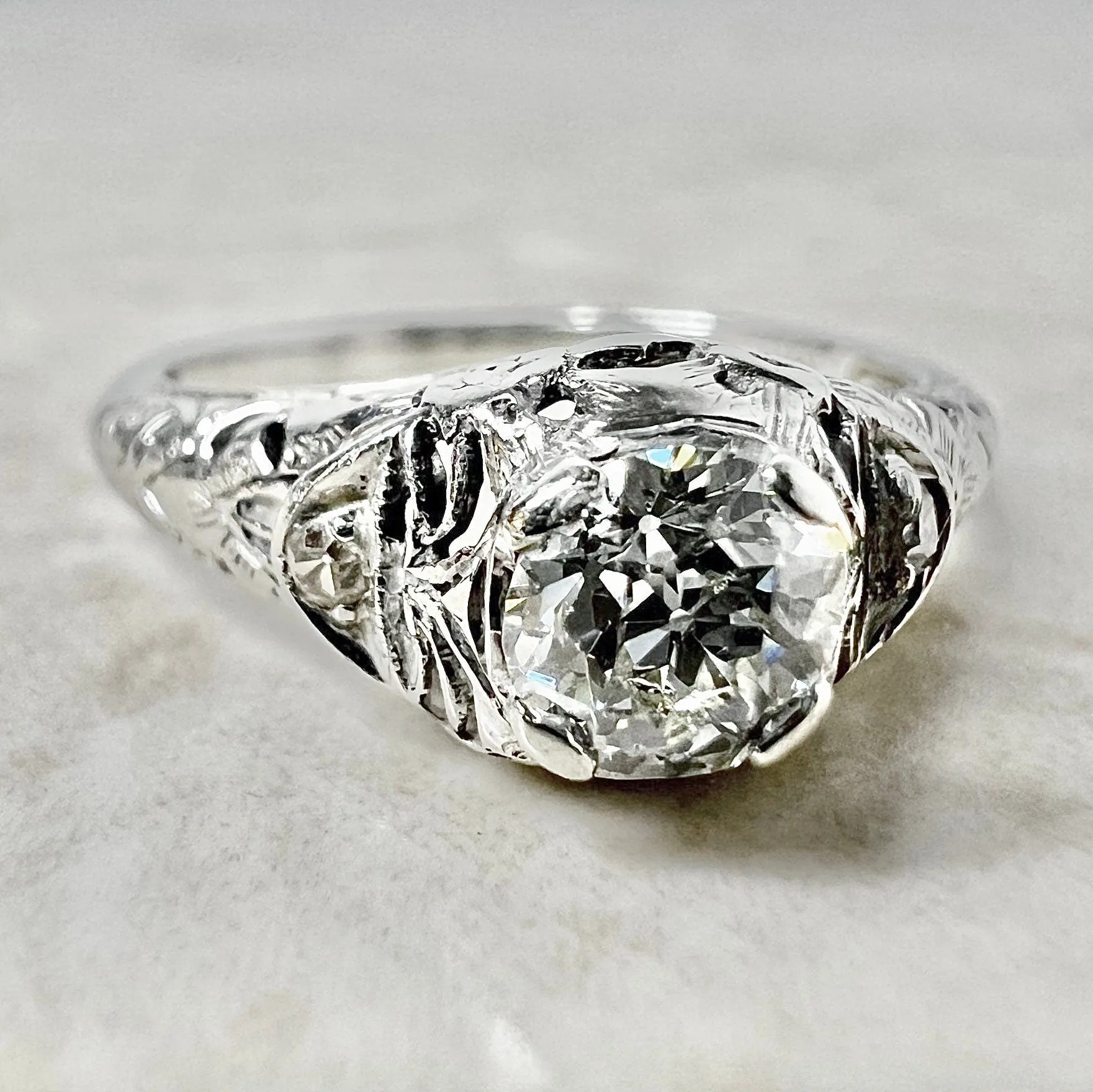 Antique Art Deco Handcrafted 18 Karat White Gold 0.50 Carat Old European Diamond Solitaire Engagement Ring