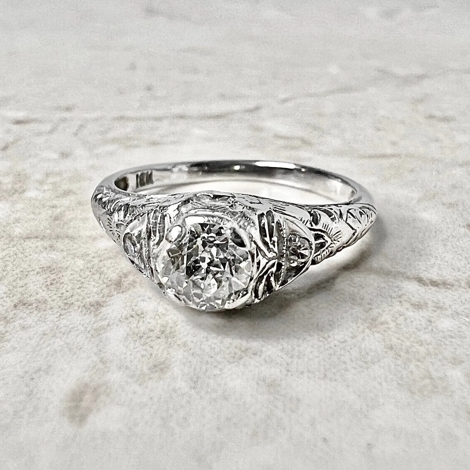 Antique Art Deco Handcrafted 18 Karat White Gold 0.50 Carat Old European Diamond Solitaire Engagement Ring