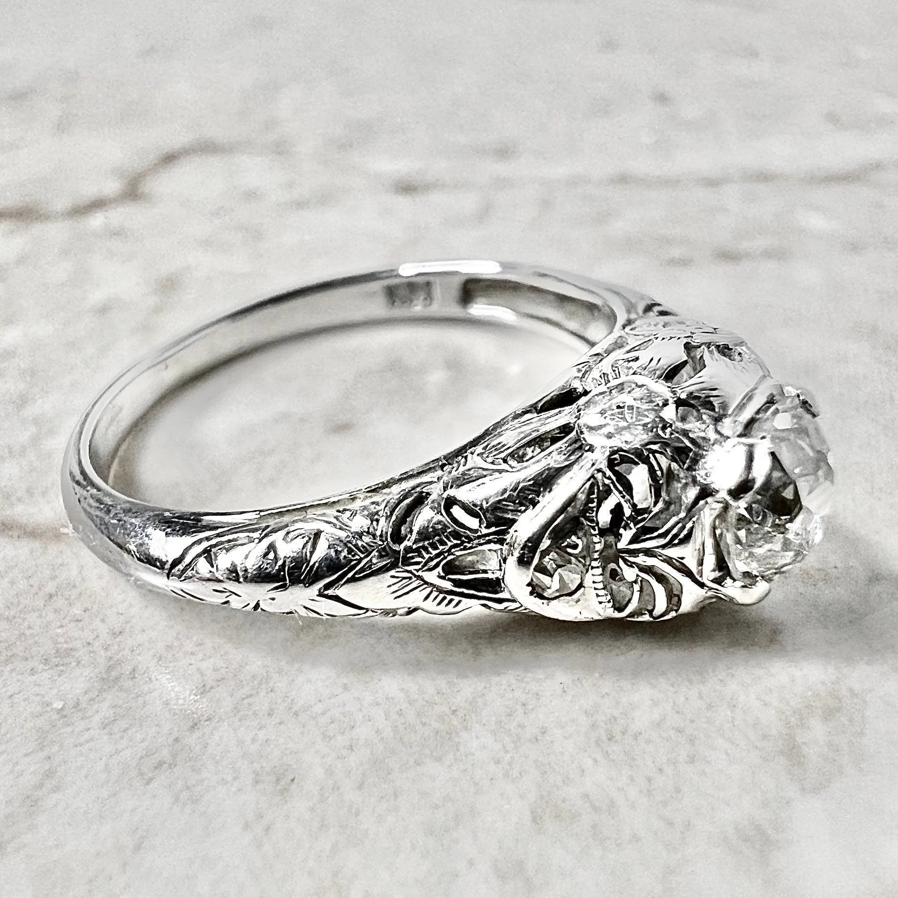 Antique Art Deco Handcrafted 18 Karat White Gold 0.50 Carat Old European Diamond Solitaire Engagement Ring
