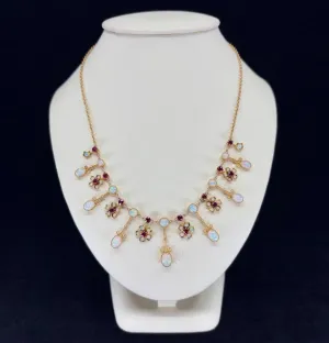 Antique Victorian Opal and Ruby Gold Fringe Necklace