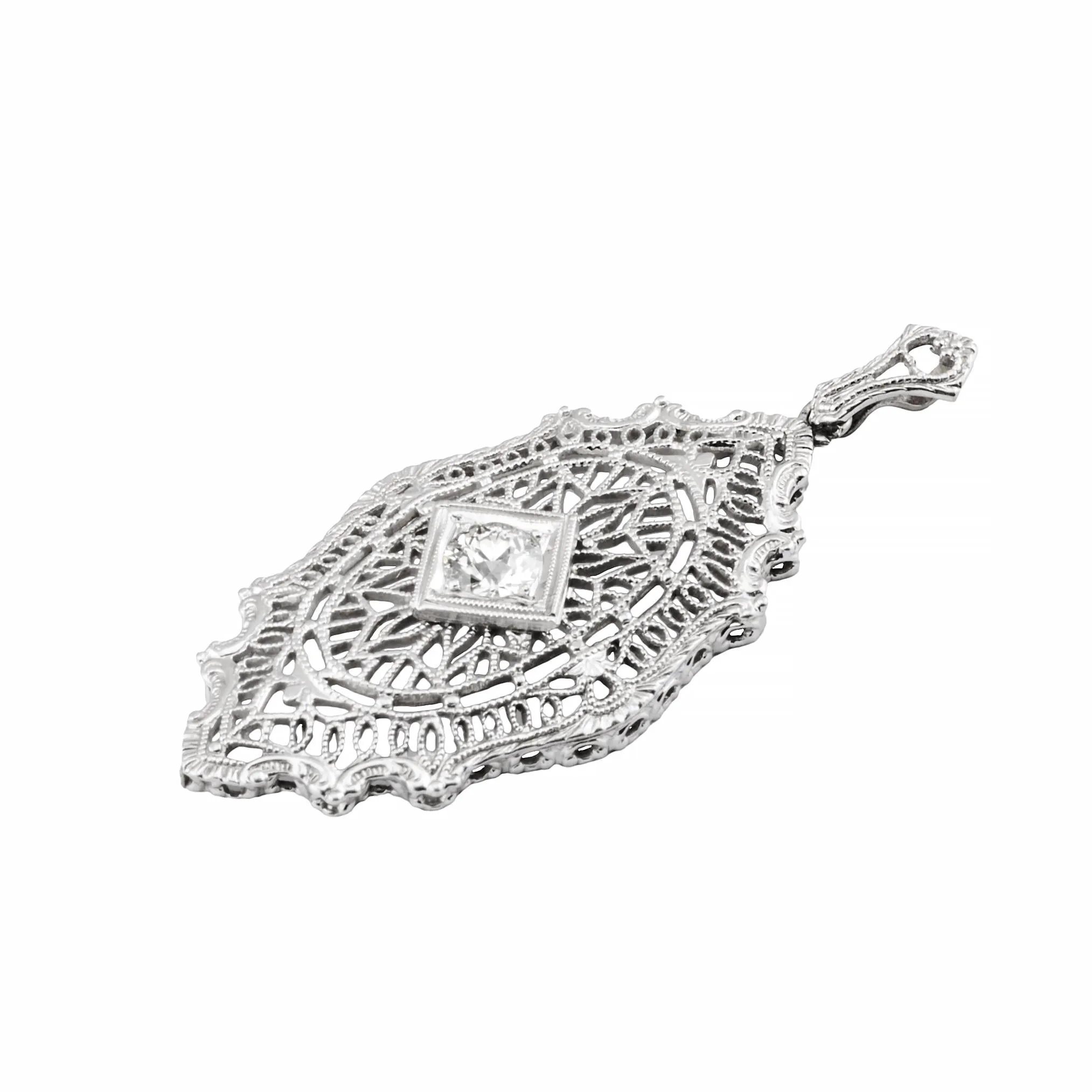 Art Deco 0.40ct European Cut Diamond Filigree Pendant Necklace 14K White Gold
