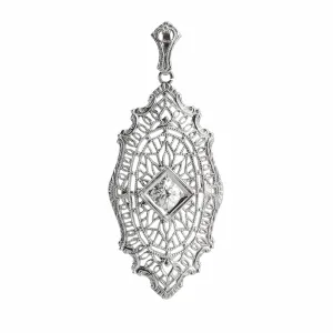 Art Deco 0.40ct European Cut Diamond Filigree Pendant Necklace 14K White Gold