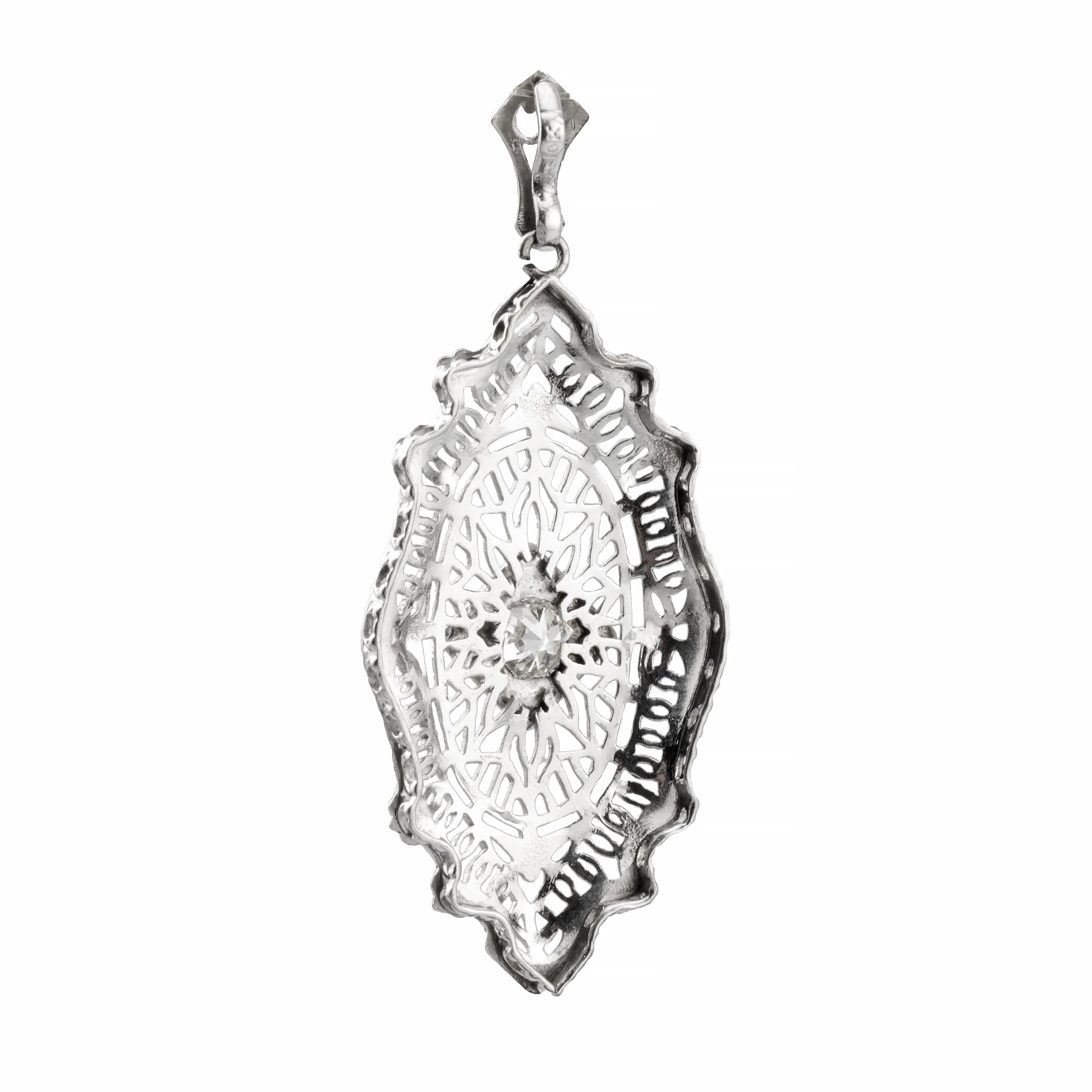 Art Deco 0.40ct European Cut Diamond Filigree Pendant Necklace 14K White Gold