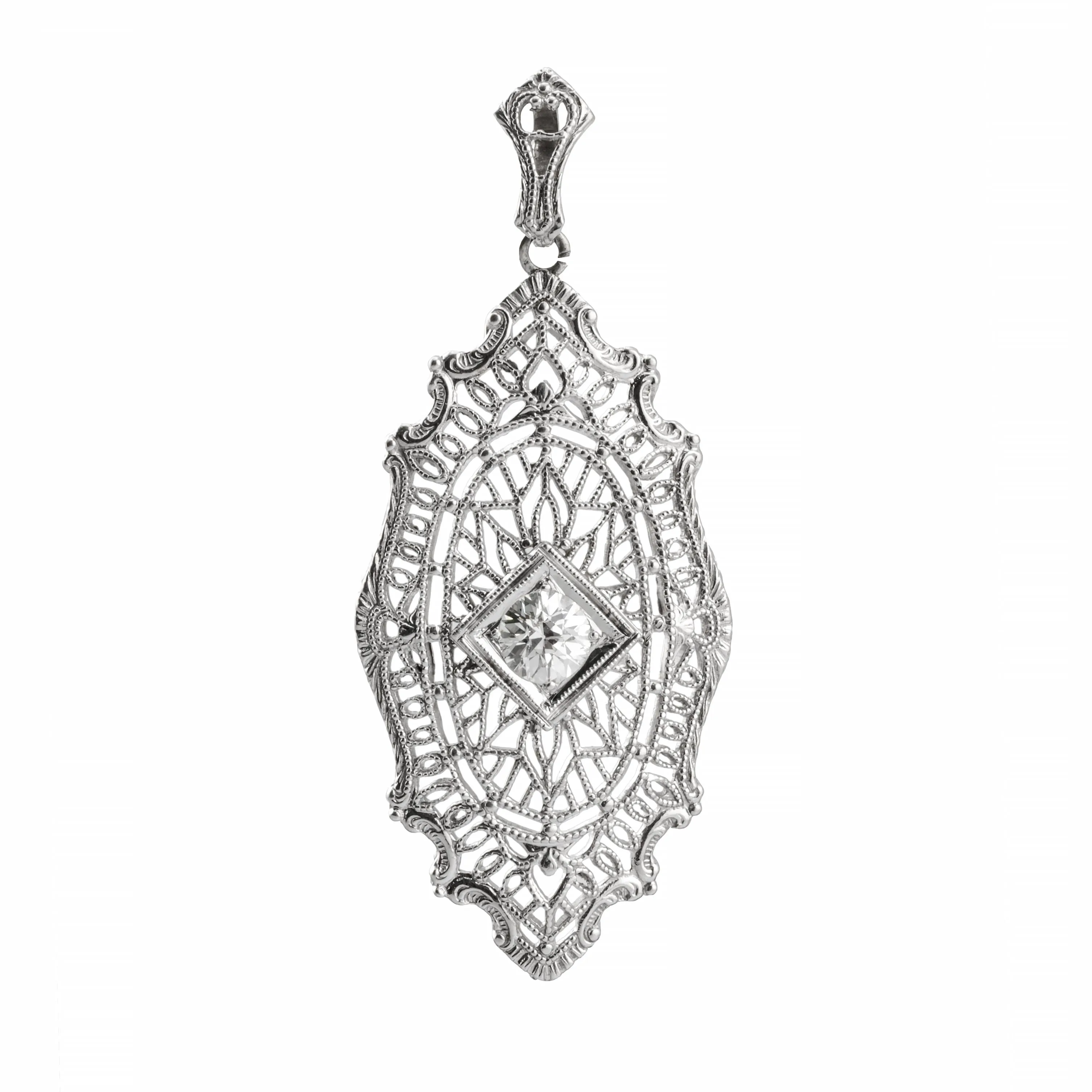 Art Deco 0.40ct European Cut Diamond Filigree Pendant Necklace 14K White Gold