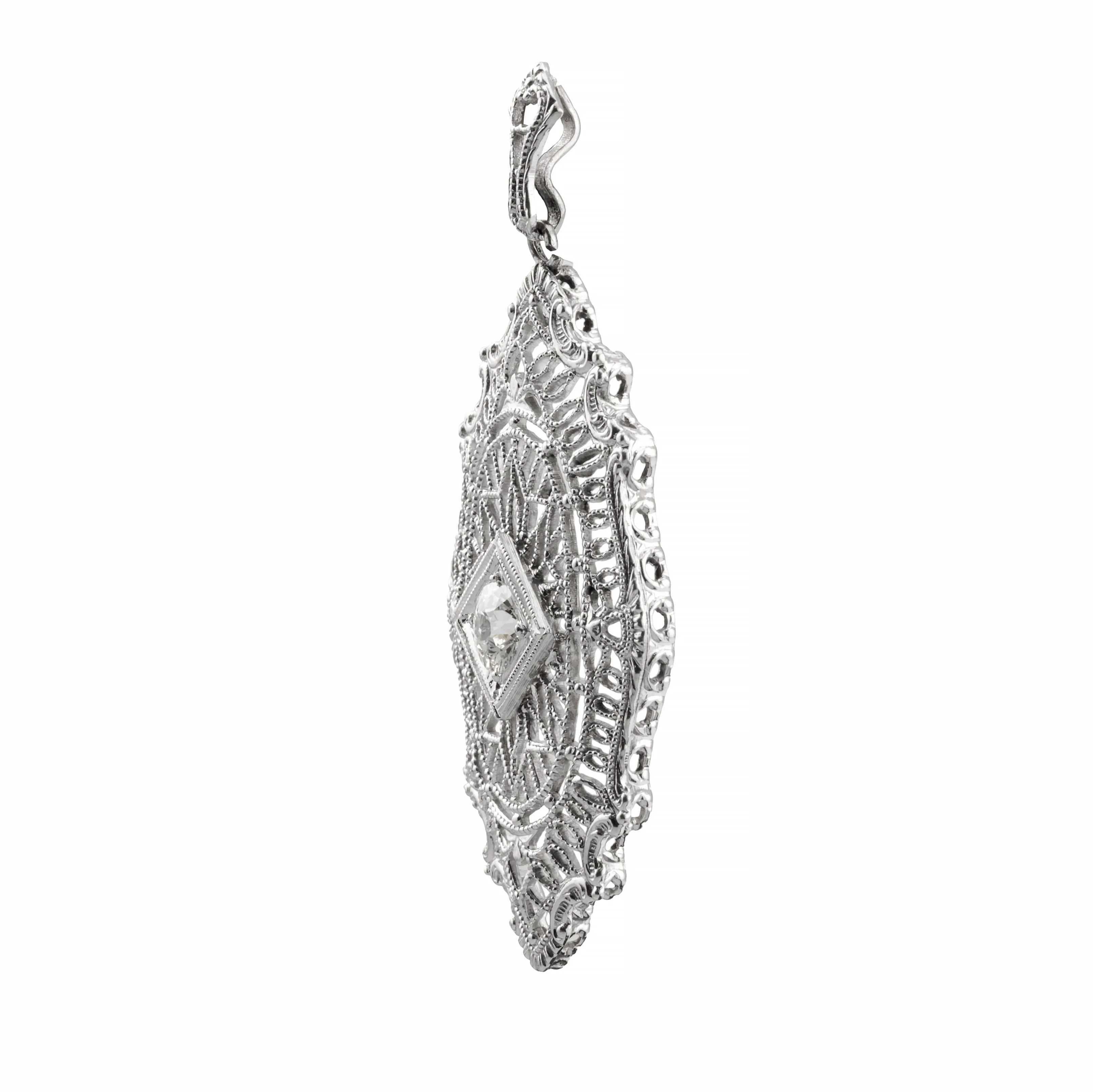 Art Deco 0.40ct European Cut Diamond Filigree Pendant Necklace 14K White Gold