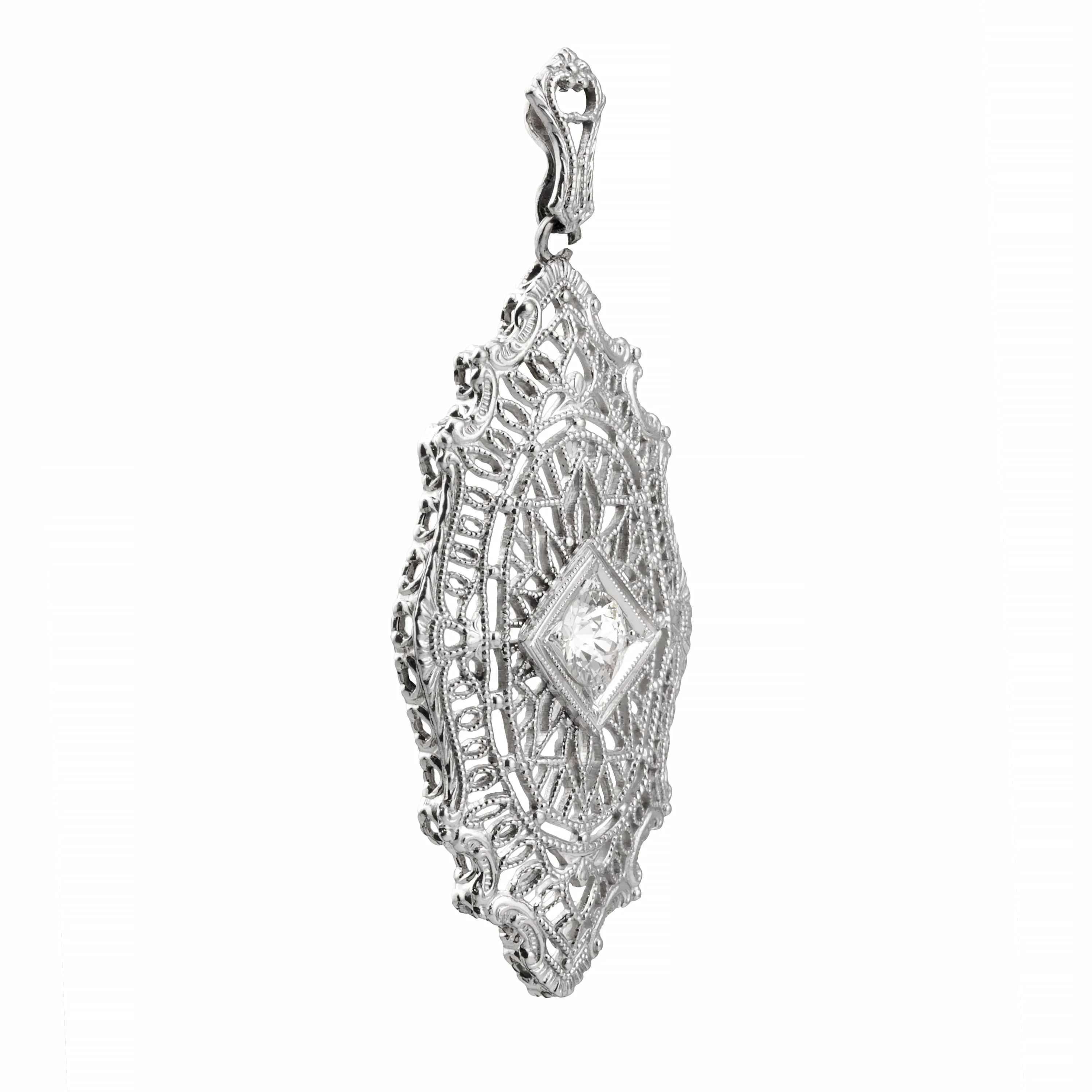 Art Deco 0.40ct European Cut Diamond Filigree Pendant Necklace 14K White Gold