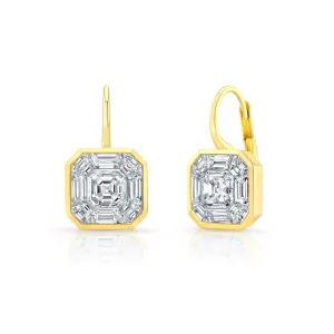 Asscher & Baguette Cluster 3.06 ct 18K Yellow Gold Invisible Set Diamond Earrings