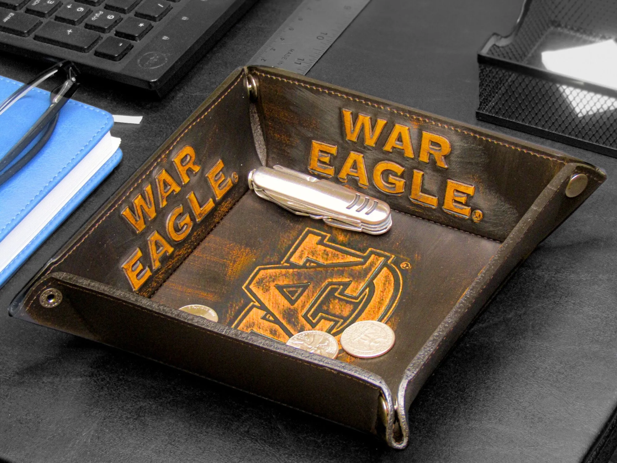 Auburn Tigers Men's Collegiate Valet Tray, Catch-all, Desk Organizer, Nightstand Tray. Brown Burnished Full Grain Leather Finish.