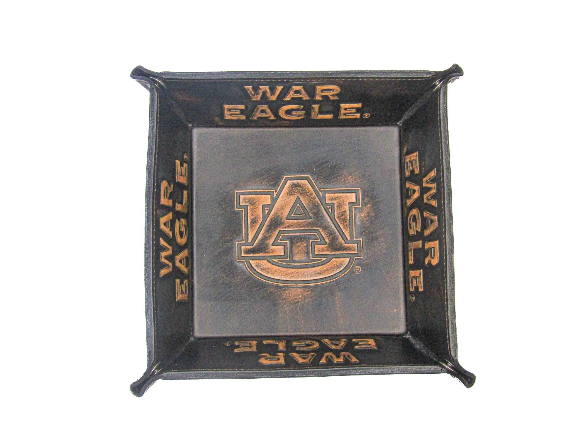 Auburn Tigers Men's Collegiate Valet Tray, Catch-all, Desk Organizer, Nightstand Tray. Brown Burnished Full Grain Leather Finish.