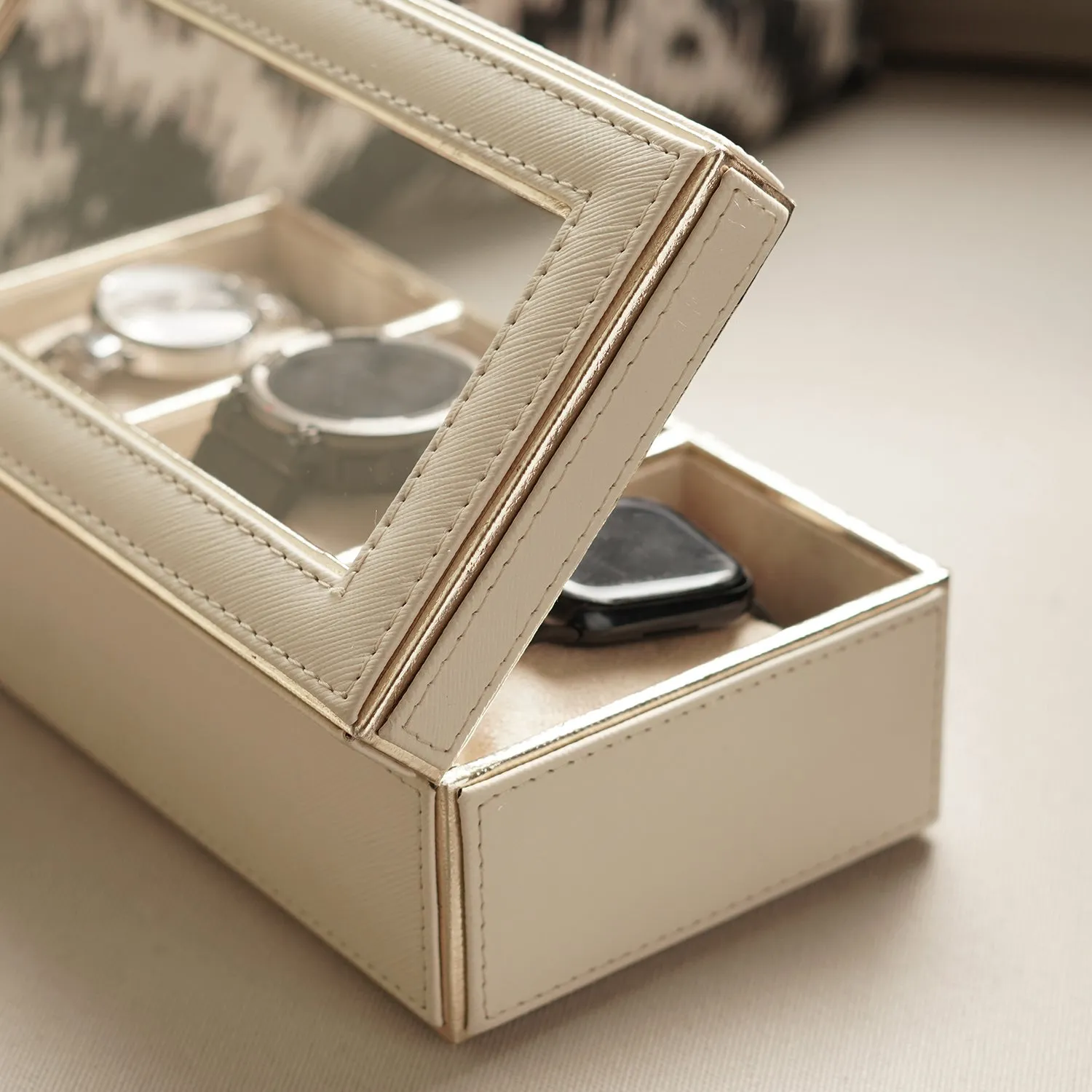 Beige 3 Compartment Faux Leather Watch Box