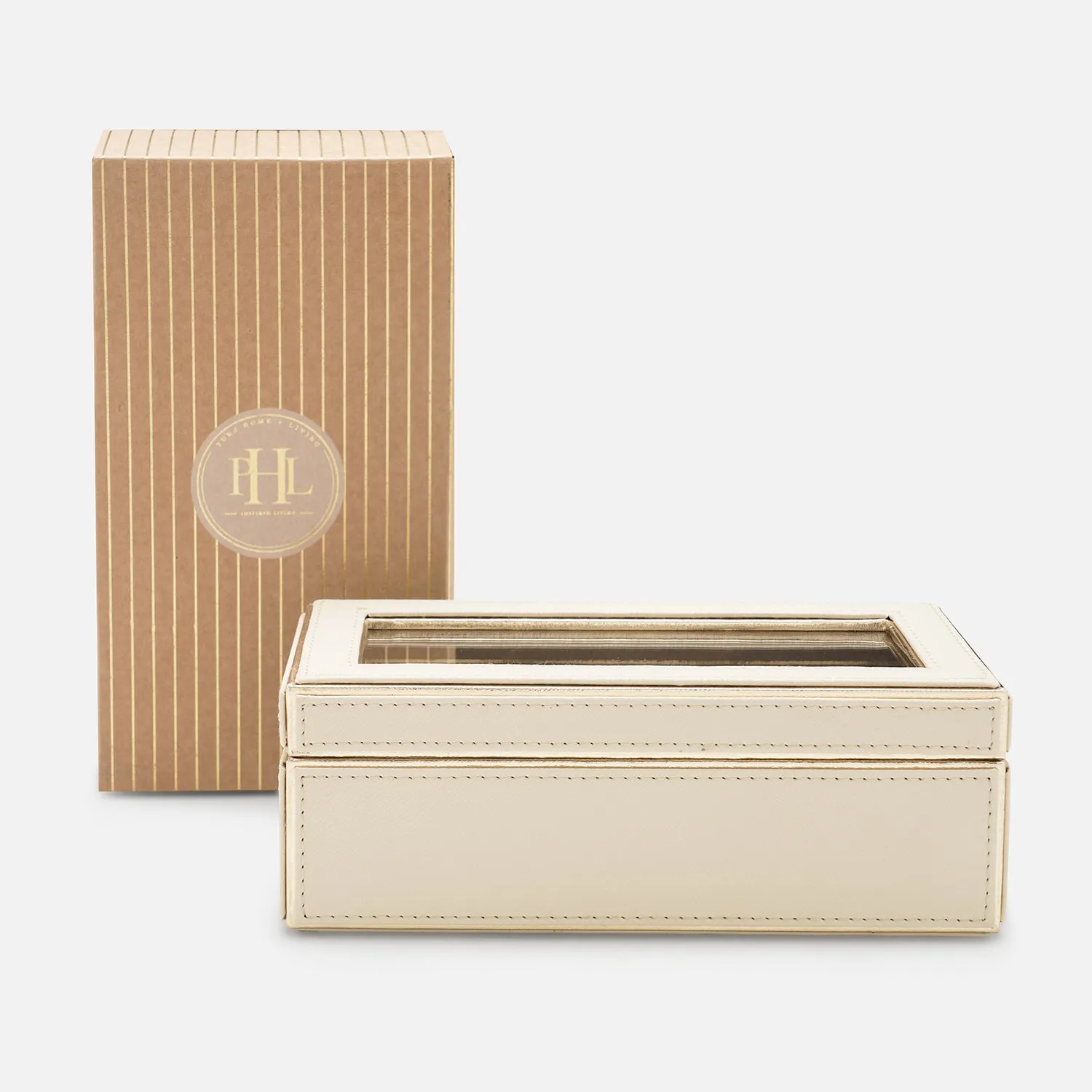 Beige 3 Compartment Faux Leather Watch Box