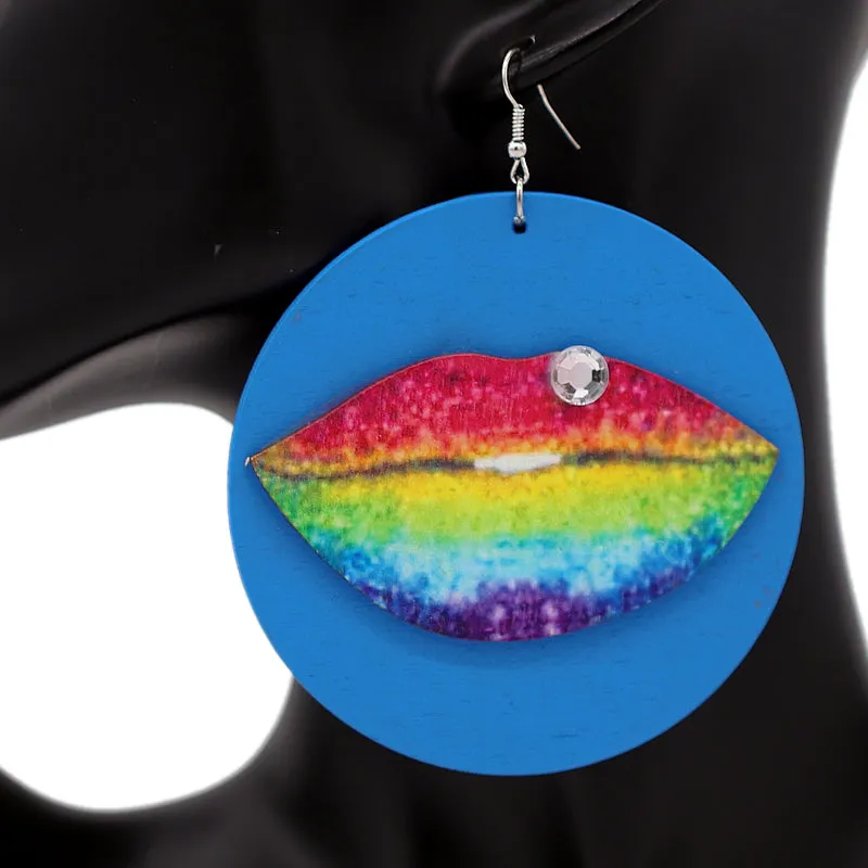 Blue Multicolor Big Lip Wooden Earrings