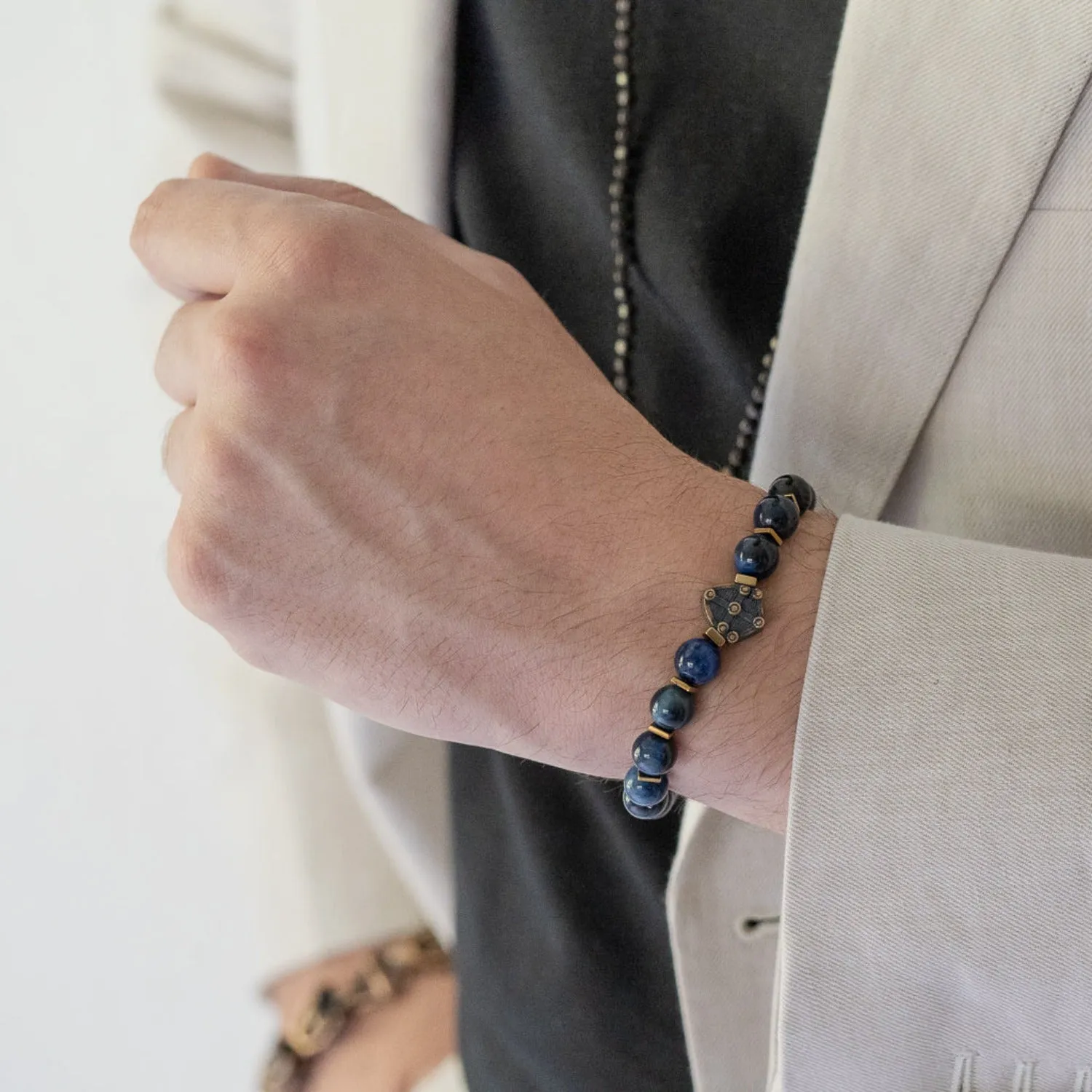 Blue Tiger Eye Stone Shield Charm Beaded Bracelet