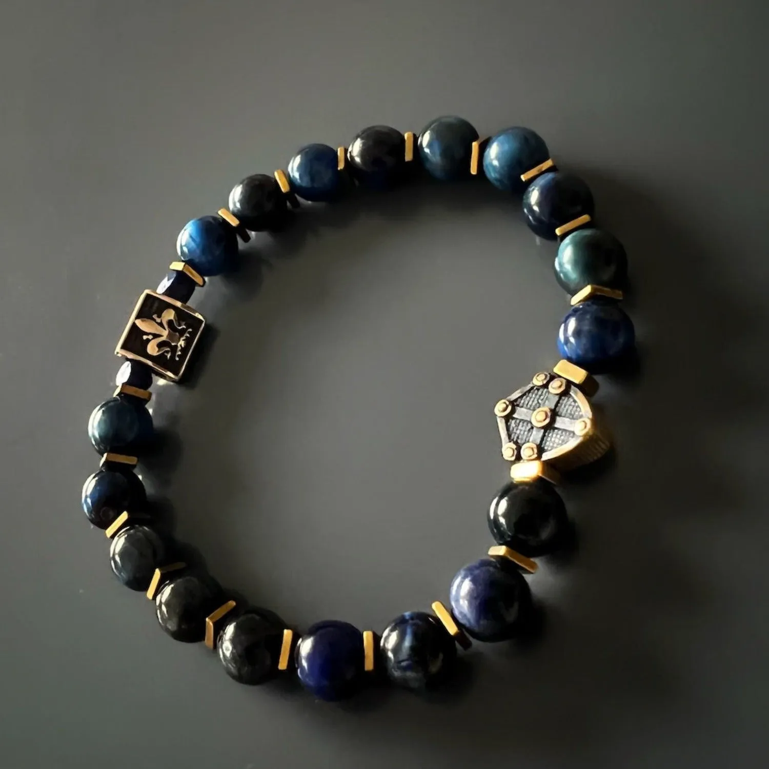Blue Tiger Eye Stone Shield Charm Beaded Bracelet
