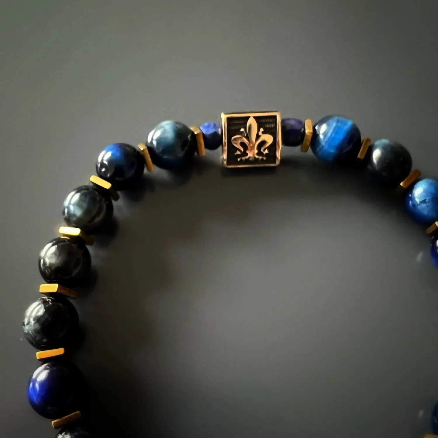 Blue Tiger Eye Stone Shield Charm Beaded Bracelet