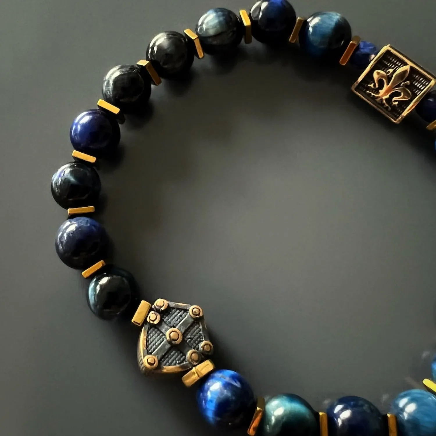 Blue Tiger Eye Stone Shield Charm Beaded Bracelet