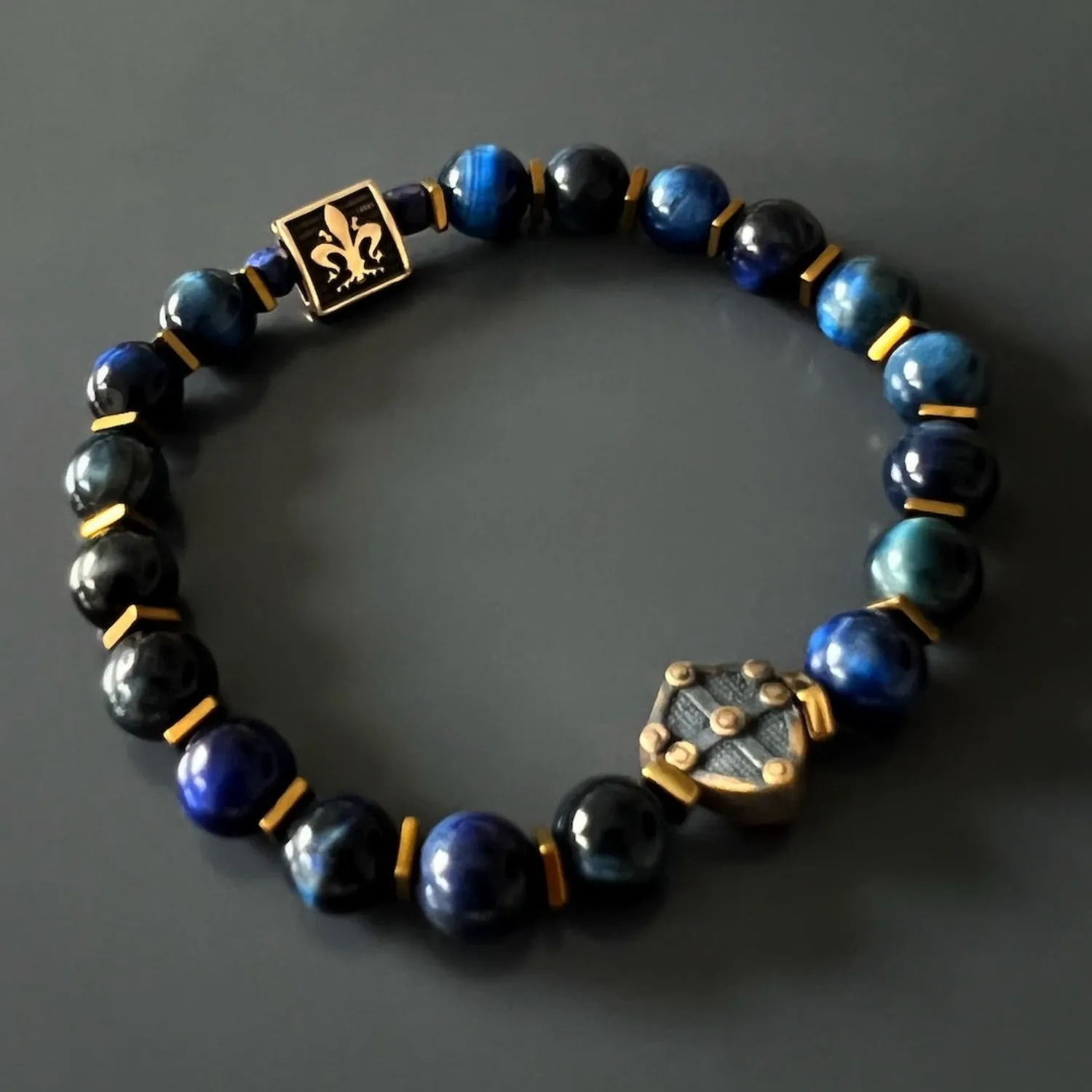 Blue Tiger Eye Stone Shield Charm Beaded Bracelet