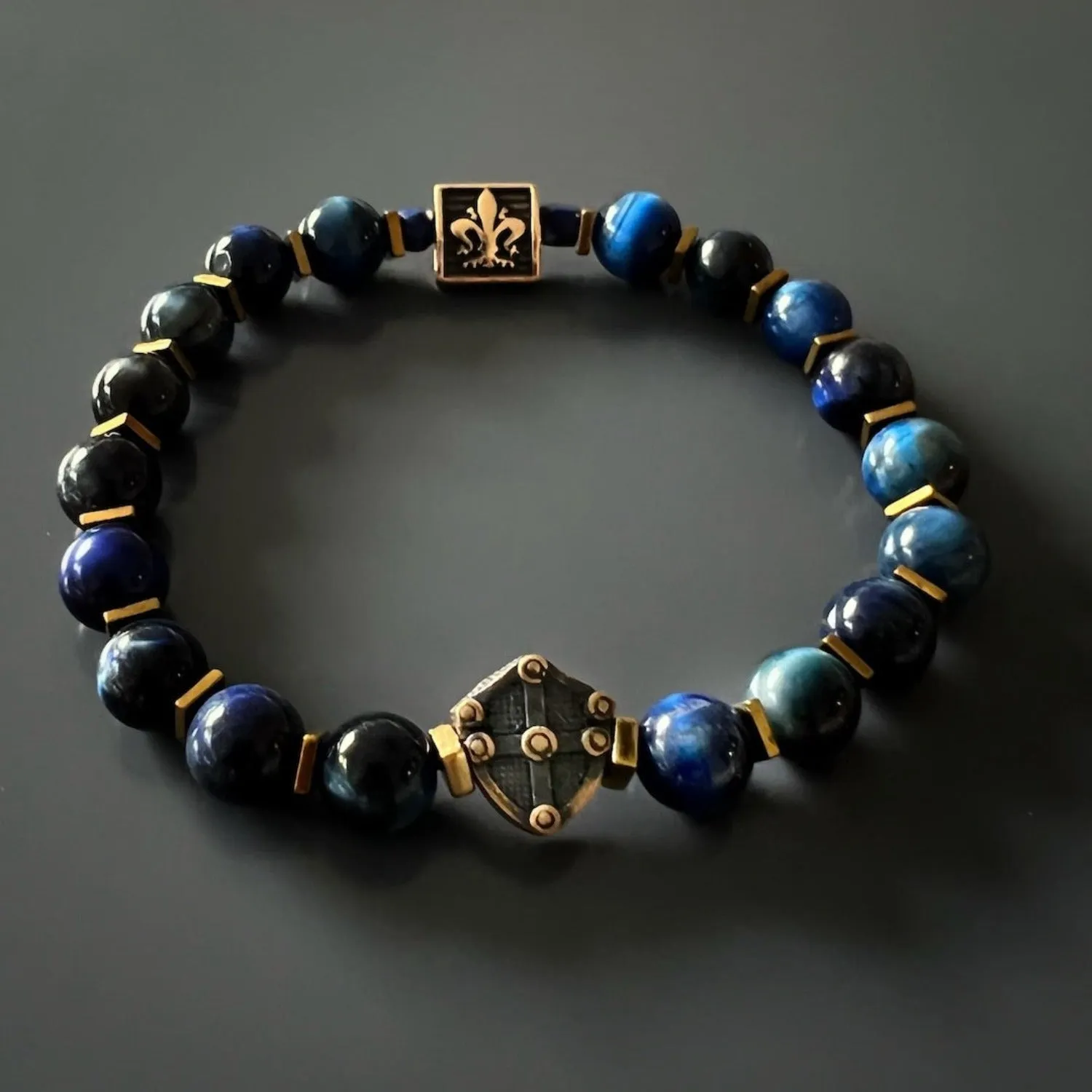Blue Tiger Eye Stone Shield Charm Beaded Bracelet