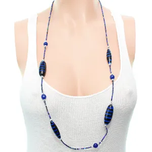 Blue Wooden Sequin Striped Necklace Set