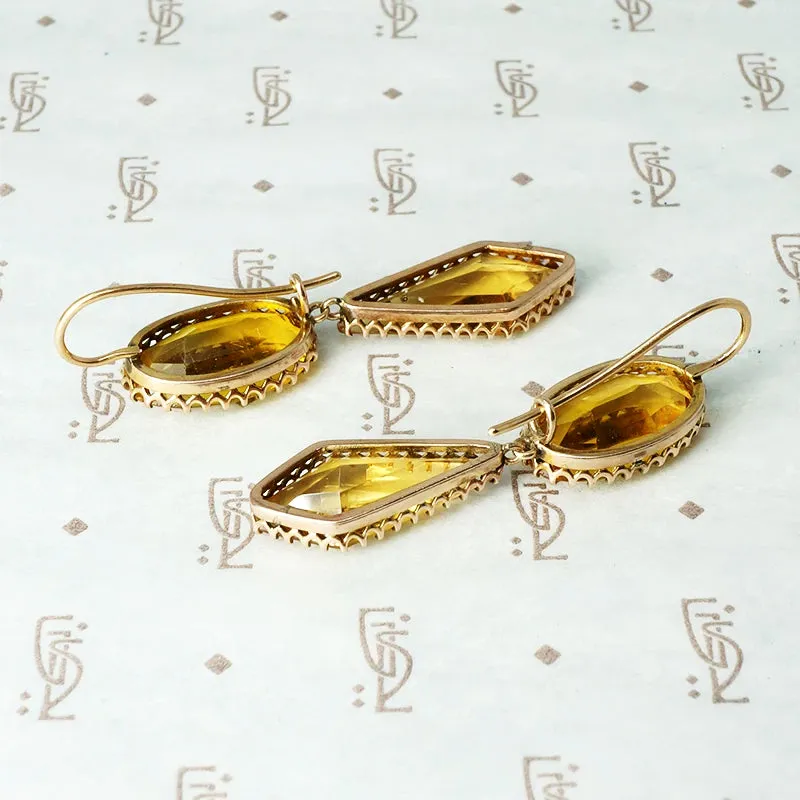 Bold 19thc Citrine Dangle Earrings in Gold