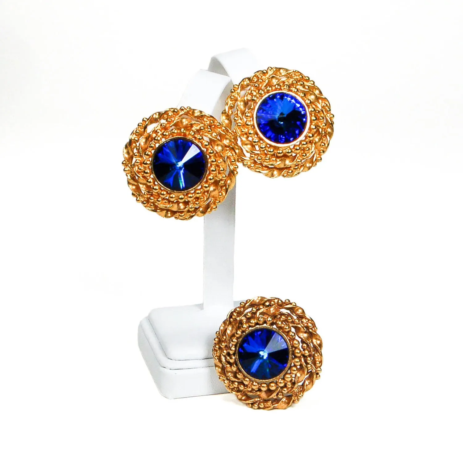 Bold Gold and Blue Rivoli Rhinestone Earrings and Brooch Set