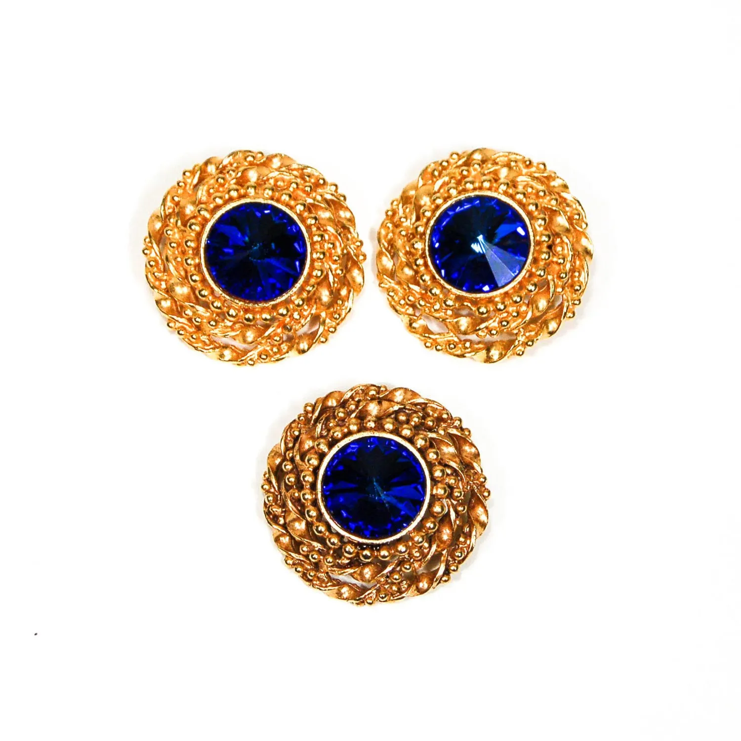 Bold Gold and Blue Rivoli Rhinestone Earrings and Brooch Set