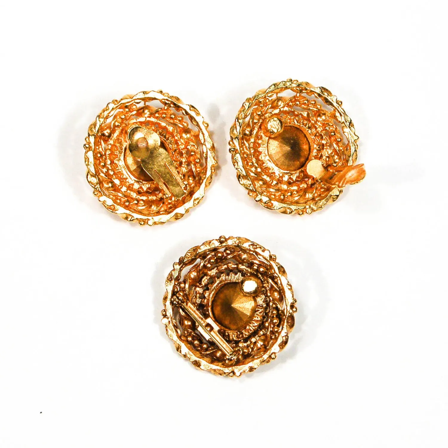 Bold Gold and Blue Rivoli Rhinestone Earrings and Brooch Set