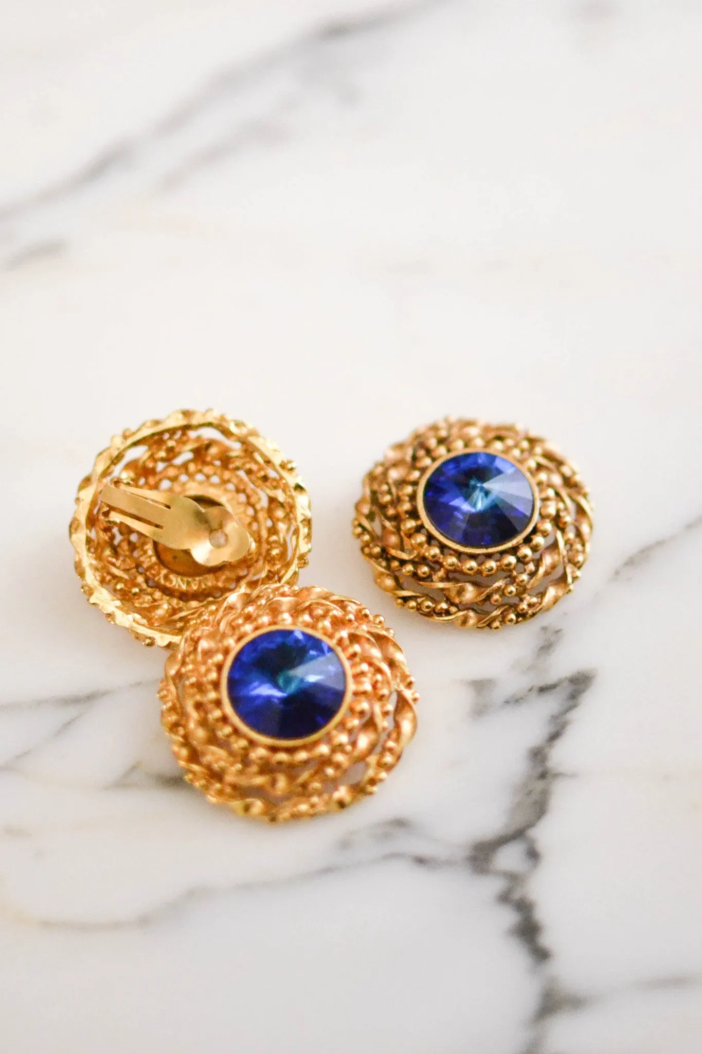 Bold Gold and Blue Rivoli Rhinestone Earrings and Brooch Set