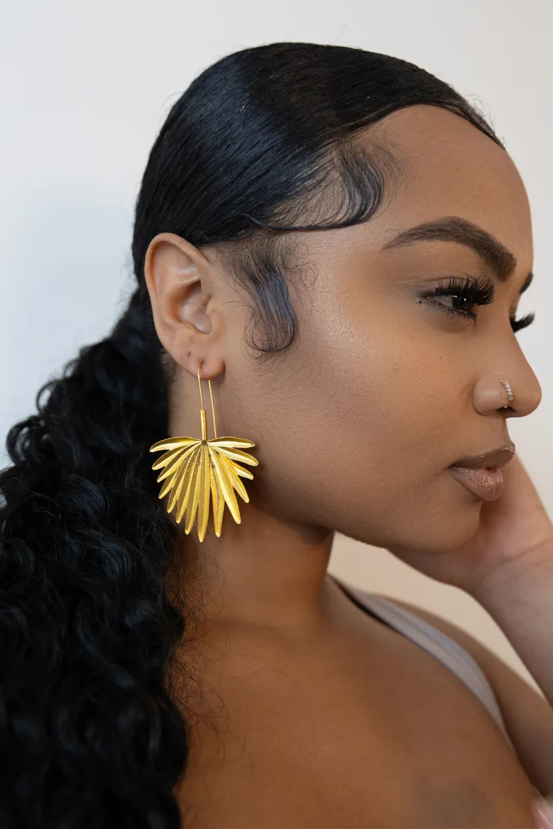 Bold Palm Tree Leaf Gold Earrings