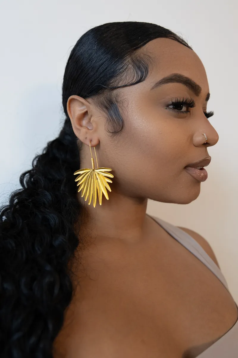 Bold Palm Tree Leaf Gold Earrings