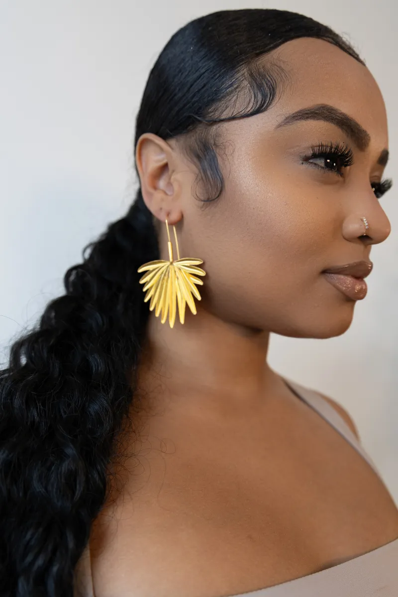 Bold Palm Tree Leaf Gold Earrings