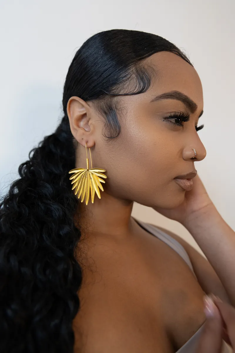 Bold Palm Tree Leaf Gold Earrings
