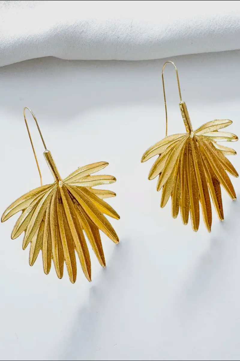 Bold Palm Tree Leaf Gold Earrings