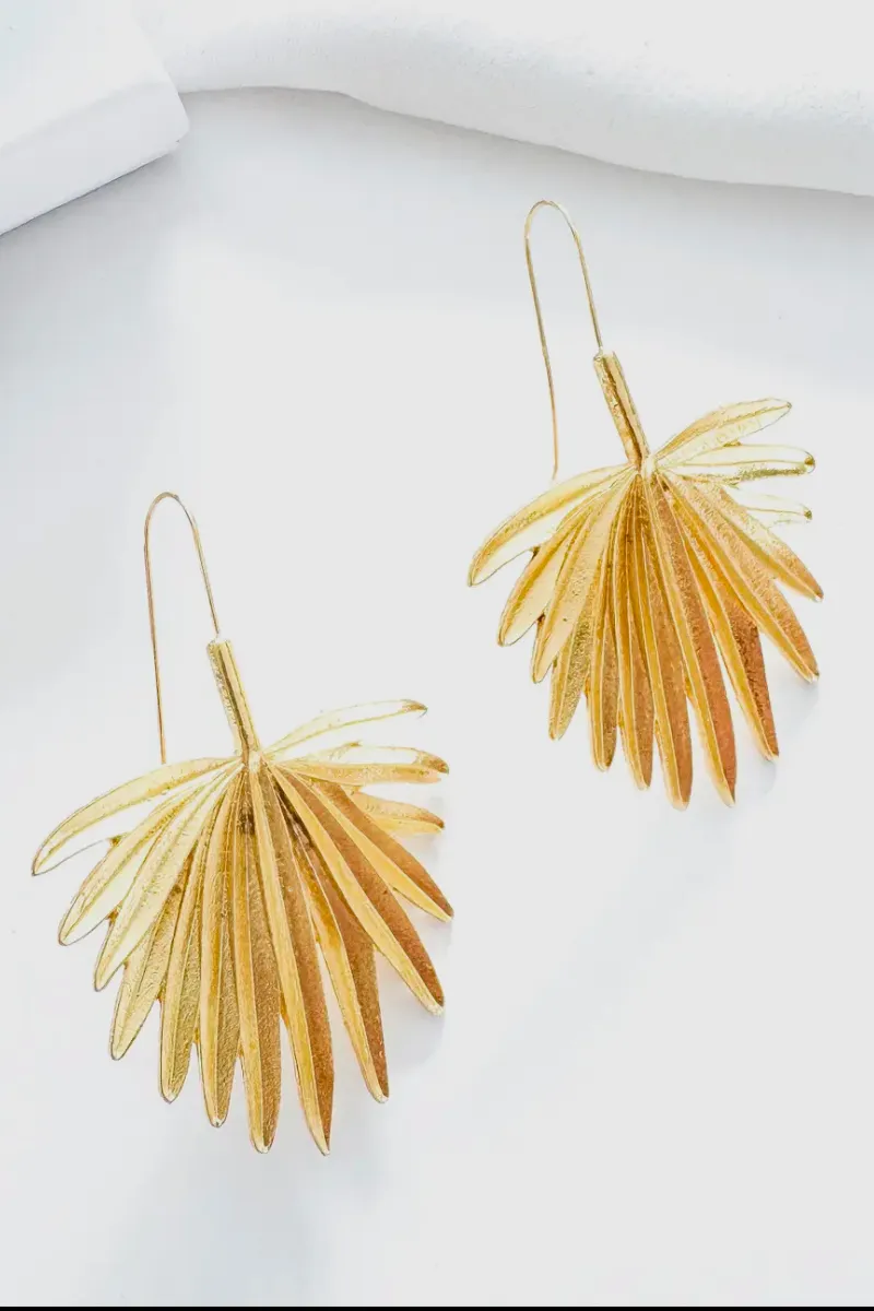 Bold Palm Tree Leaf Gold Earrings