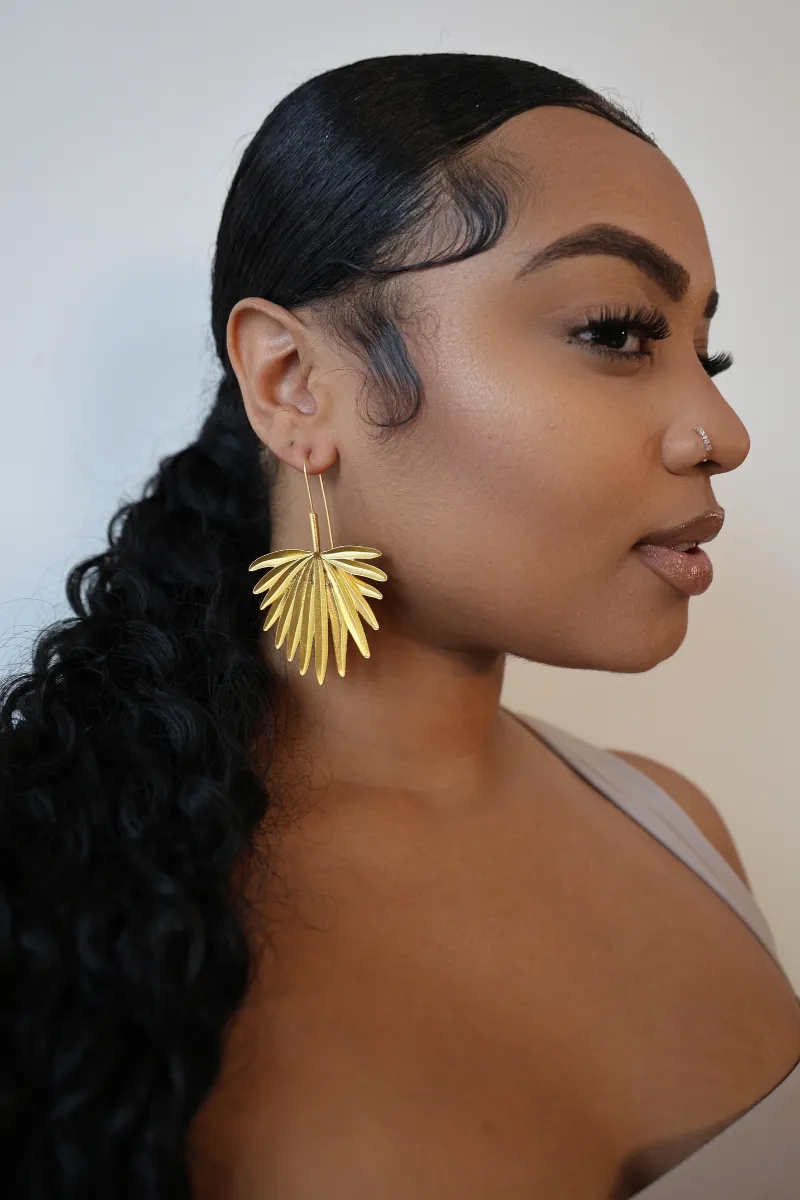 Bold Palm Tree Leaf Gold Earrings