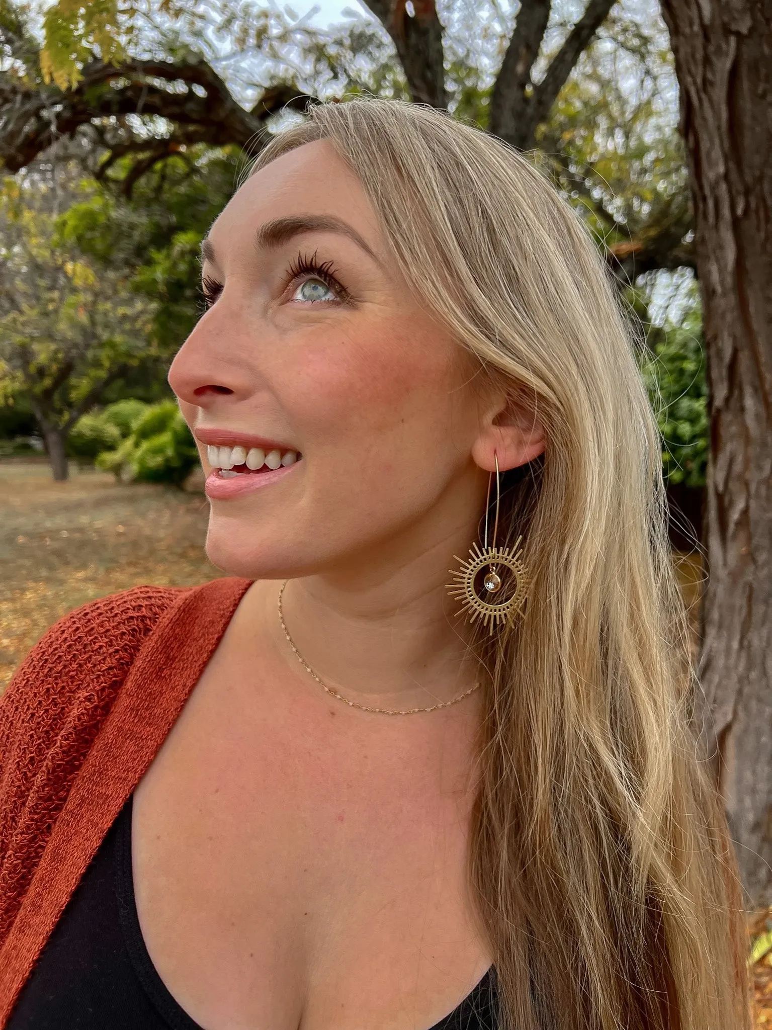 Brass Sunburst Earrings in Peachy Champagne