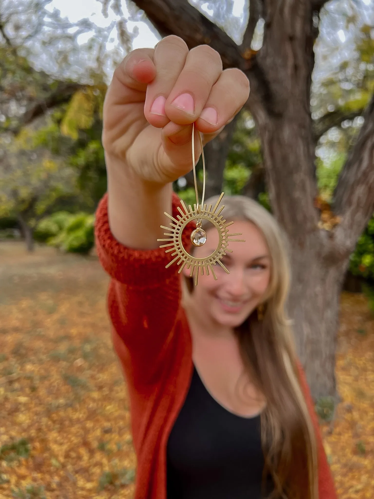 Brass Sunburst Earrings in Peachy Champagne