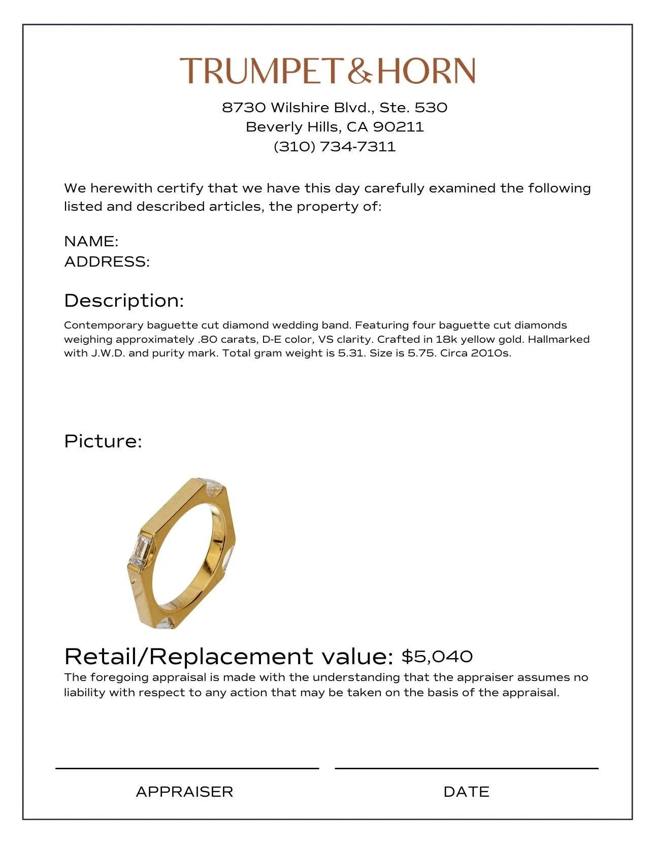 Contemporary baguette cut diamond 18k yellow gold wedding band