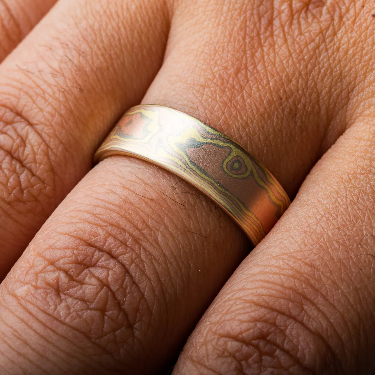 Contemporary Mokume Gane Ring Set in Woodgrain Pattern and Blaze Palette