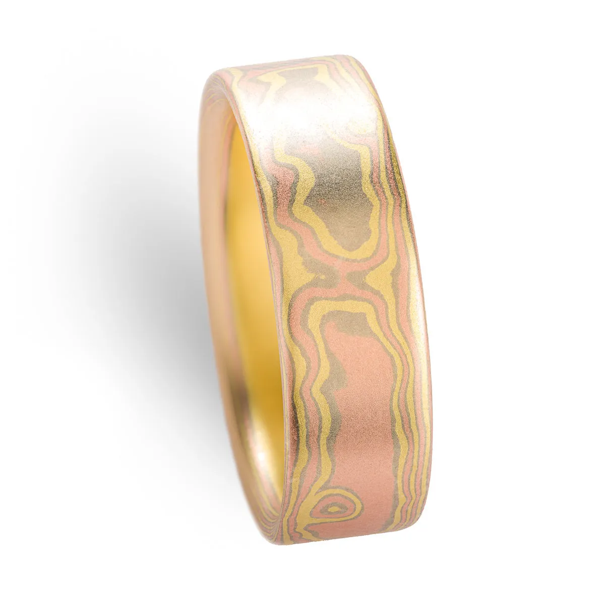 Contemporary Mokume Gane Ring Set in Woodgrain Pattern and Blaze Palette