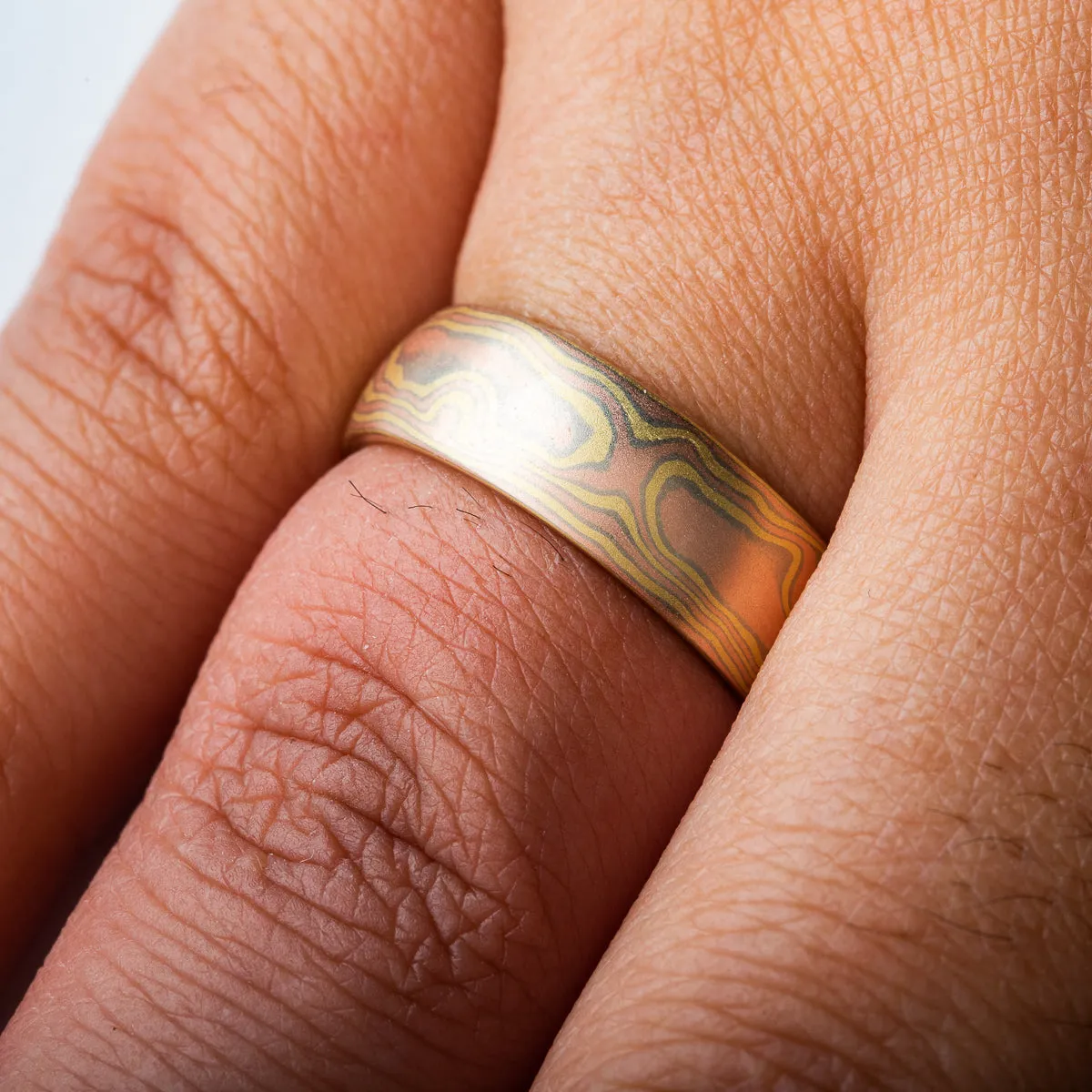 Contemporary Mokume Gane Ring Set in Woodgrain Pattern and Blaze Palette
