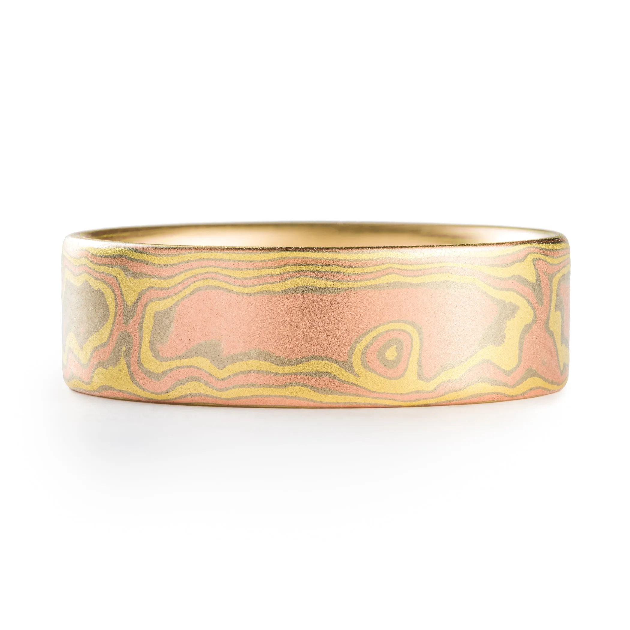 Contemporary Mokume Gane Ring Set in Woodgrain Pattern and Blaze Palette