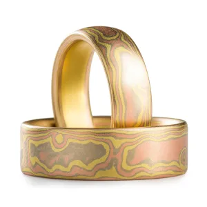 Contemporary Mokume Gane Ring Set in Woodgrain Pattern and Blaze Palette
