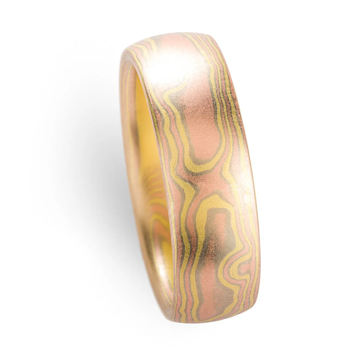 Contemporary Mokume Gane Ring Set in Woodgrain Pattern and Blaze Palette